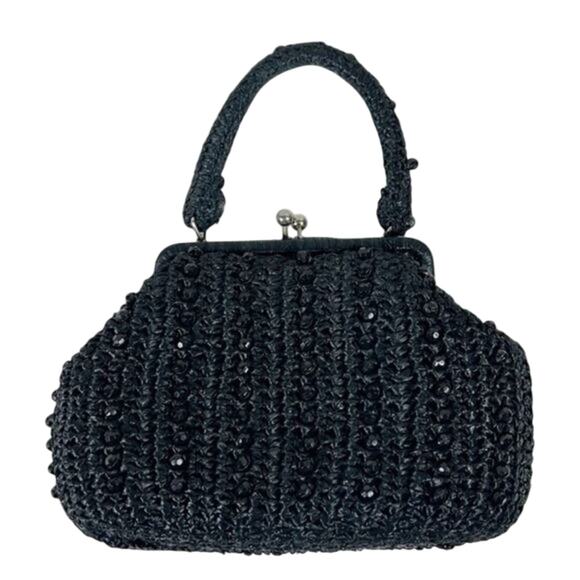 Vintage Marcus Brothers Handbag Black Beaded Crochet Top Handle Evening 50s Glam - Picture 1 of 5